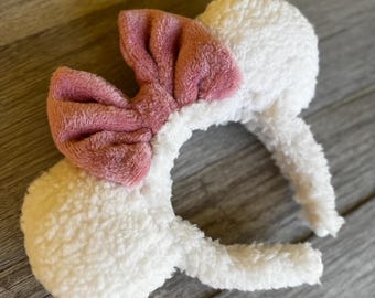 Marie Mouse Ears: Sherpa Aristocats Minnie Ears, Pink Minky Bow