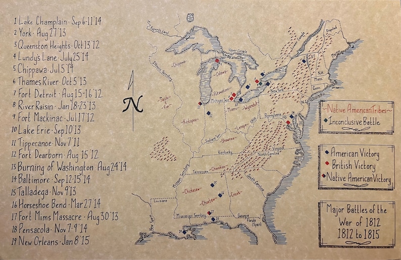 War of 1812 Hand Drawn Map, 1812 War Map, Historic 1812 Map, Vintage