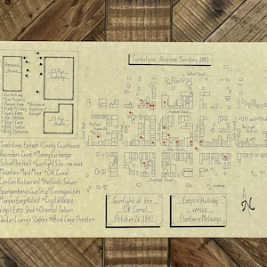 Tombstone Gunfight at the O.K. Corral hand-drawn map, OK Corral map, Tombstone map,  Historic map, Vintage map, Map gifts for history buff