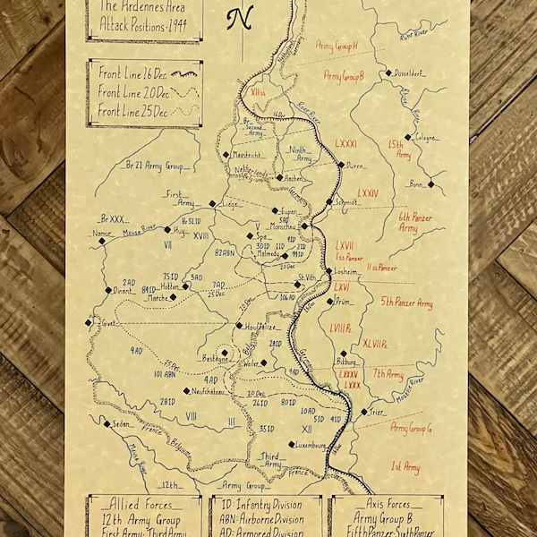 World War II Battle of the Bulge hand drawn map, War Map, World War II map, World War 2 Map, Vintage map, Map gifts for history buff