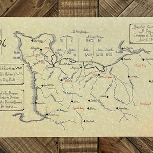 May include: A hand-drawn map of the Normandy invasion, depicting the landing zones and troop movements on June 6, 1944. The map includes the names of the beaches, cities, and rivers, as well as the designations of the Allied forces. The map is drawn in black ink on a beige background.