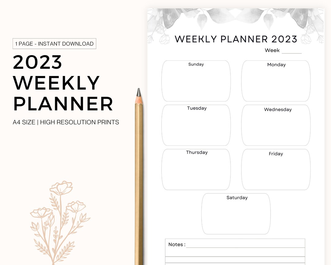 2023 Printable Weekly Planner 1 Page Instant Download Digital Etsy