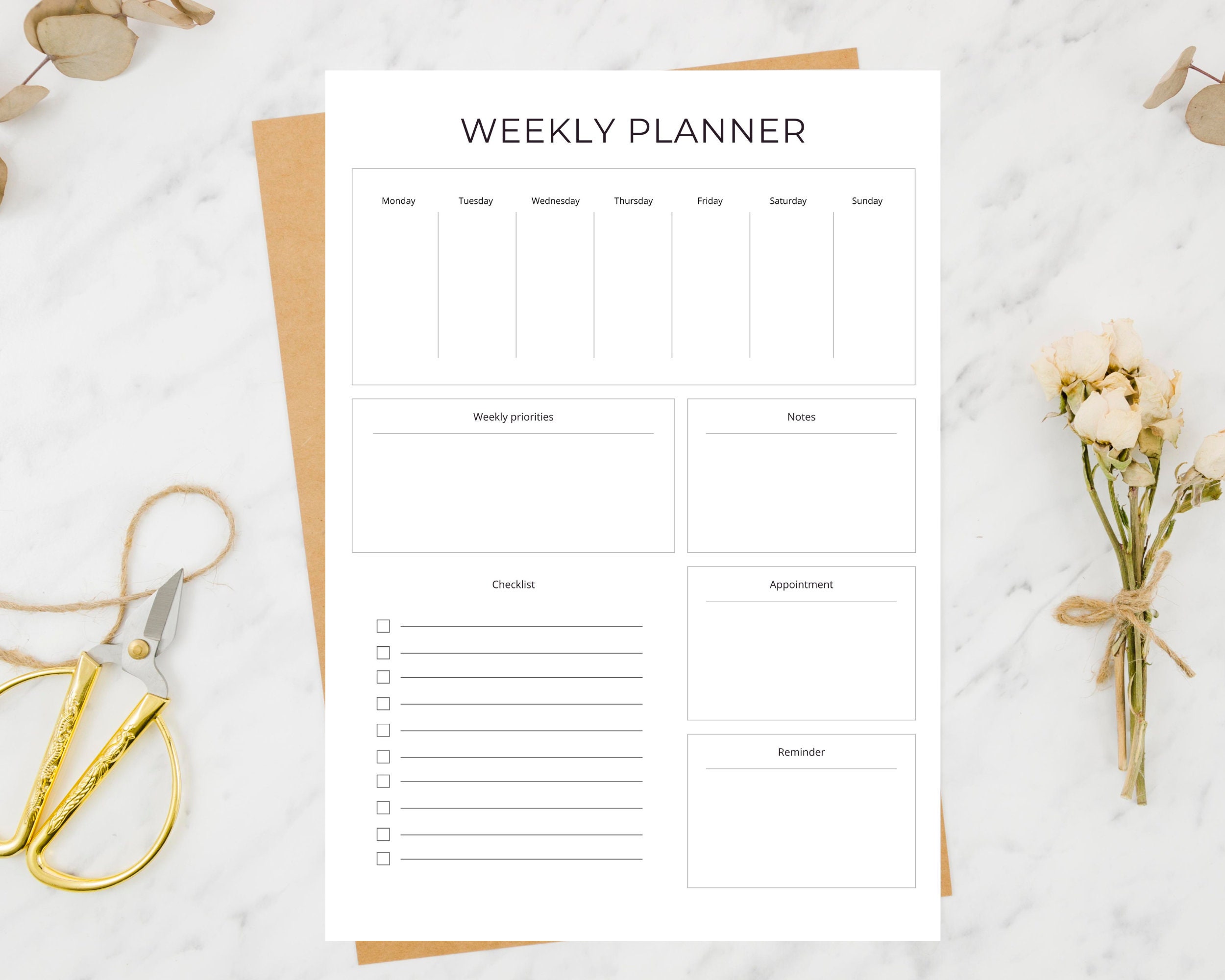 Minimal Printable Weekly Planner 1 Page Instant Download - Etsy