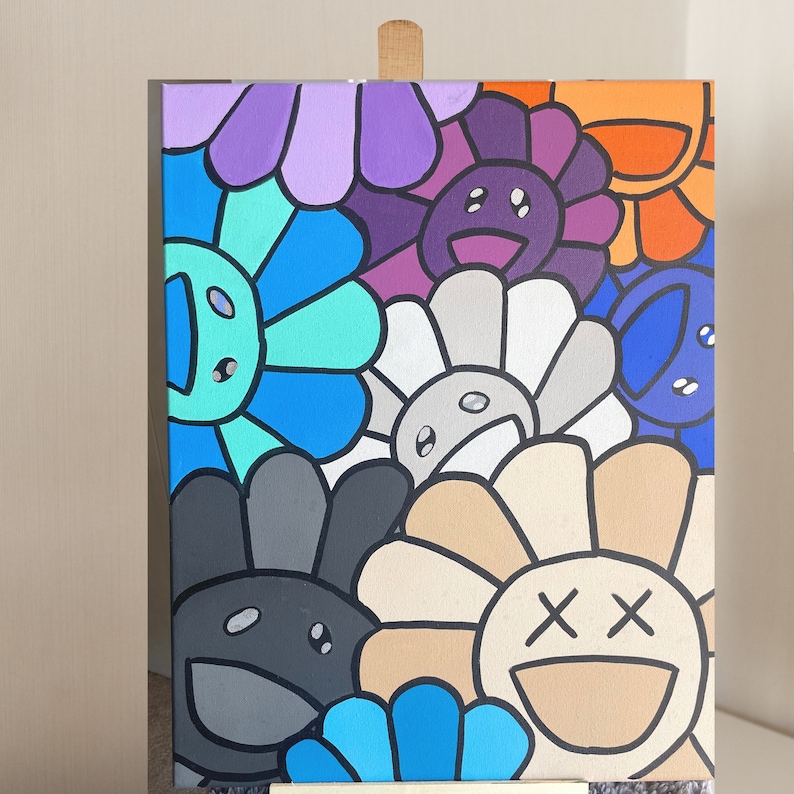 Murakami Flower Wall Art Canvas Painting Smiling Flower Etsy
