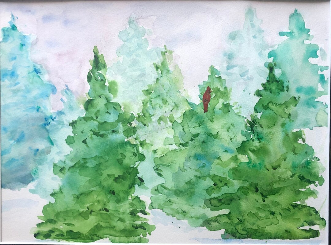 Pine Trees in the Snow- Watercolor of Pinetrees in the Snow With Red ...
