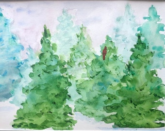 Pine Trees in the Snow- Watercolor of pinetrees in the snow with red cardinal perched on one tree