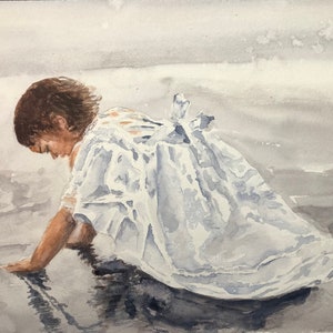 Girl at  Play in White Dress - Watercolor original 9 X12&quot;