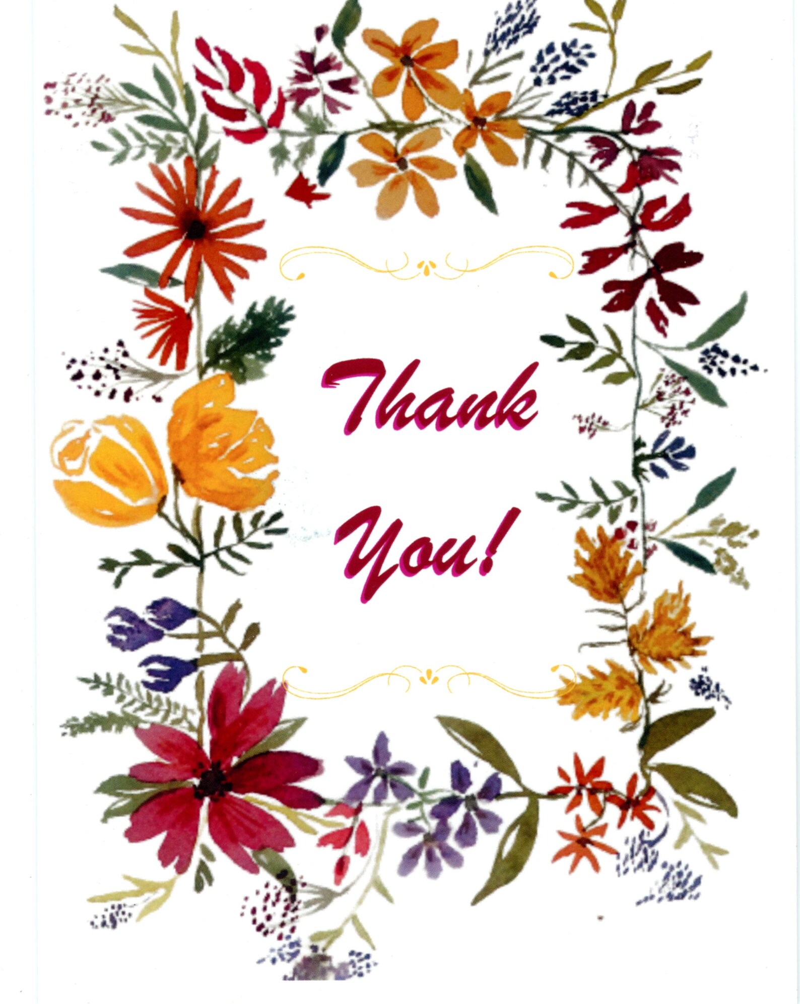 Thank You Card Set - Floral Frame Watercolor Print 5x 7" Set of 5 Cards ...