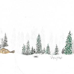 Winter Cabin- Watercolor landscape showing snow covered cabin and trees