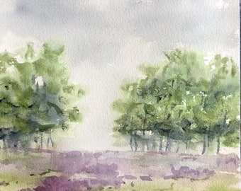 Violet field landscape with distant trees.  Loose watercolor original 9X12"