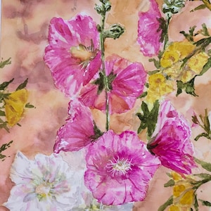 Hollyhock Garden watercolor  9x12”