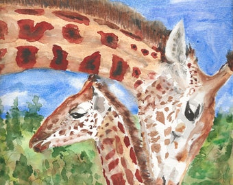 A Mother's Love - giraffe mother and her calf watercolor