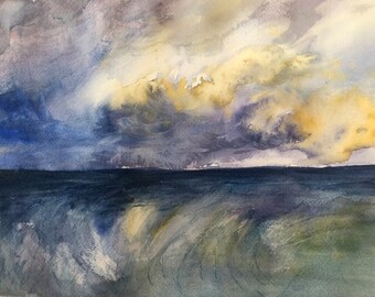 Dramatic Abstract seascape  with stormy clouded sunset 9X12" original watercolor
