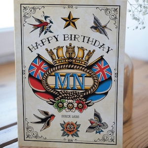 Carte d'anniversaire de la marine marchande britannique, enseigne rouge, enseigne bleue, marin, voile, bateau, marin, oeuvre d'art maritime, carte A5, tatouage de marin
