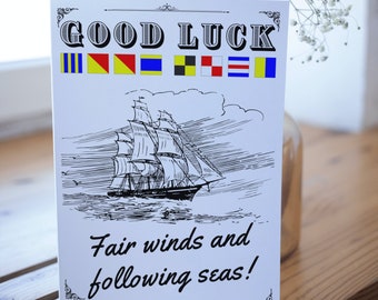 Nautical Good Luck Card, Vintage ship, sailing card, Nautical flag card, Retro illustration, Exam, New Job, A5 maritime card, yachting gift