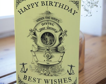 Nautical diving helmet birthday card, Diver&#39;s card, Underwater, Vintage deep-sea diver, Sailing card, Maritime, Under the sea, Ocean card