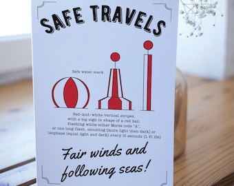Nautical card, buoy, safe travels, safe water mark, bon voyage, good luck, maritime, sailing, yacht, boat, sea, gift for him, gift for her