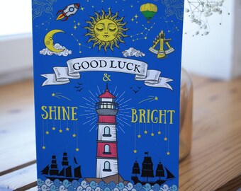 Nautical Good Luck Card, Lighthouse card, Shine bright, Sailing card, Boat card, Card for men, Card for women, best of luck, Vintage style