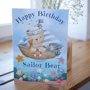 Biglietto d'auguri nautico per bambini, orso marinaio, biglietto carino per bambini, biglietto bambino, 1° compleanno, biglietto barca, mare, marittimo, yacht, barca a vela,