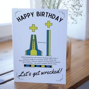 Biglietto d'auguri nautico, boa di relitto marittimo, naufraghiamo, carta barca divertente, vela, yacht, barca, nave, segno di navigazione, mare, oceano,