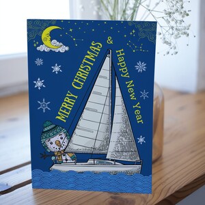 Nautische Weihnachtskarte, Schneemann, Segelyacht, Frohe Weihnachten, Frohes neues Jahr, Weihnachtskarte, Segelkarte, maritim, Meer, festlich, Bootkarte