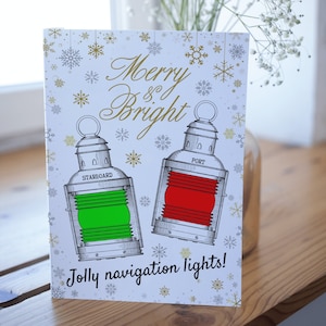 Nautische kerstkaart, vrolijk en helder vrolijk navigatielicht, feestelijke kaart, kerstkaart, zeilcadeau, maritiem, boot, jacht, zee, schip