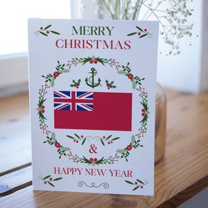 Nautische kerstkaart, Britse koopvaardij, rode vlag, schip, matroos, zeilen, boot, jacht, zee, feestelijke kaart, kerstkaart, matroos