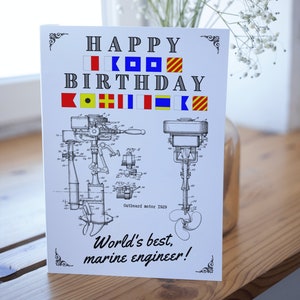 Biglietto d'auguri per ingegnere marittimo, bandiere nautiche, motore fuoribordo, marittimo, ingegnere capo, nave, yacht, barca, stile vintage, mare, motore anni '20
