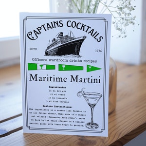 Biglietto di auguri cocktail marittimo, biglietto A5, (Martini marittimo) Scheda ricetta cocktail, gagliardetto gin, carta vela, regalo yacht, transatlantico, mare,