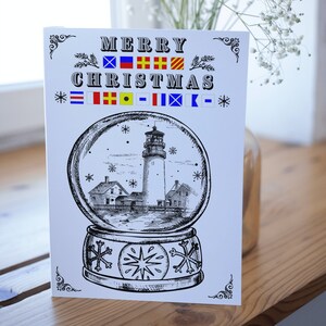 Cartes de Noël nautiques, phare festif et boule à neige, drapeaux nautiques de carte de voile, Noël, cadeau maritime, mer, côte, flocon de neige, A5
