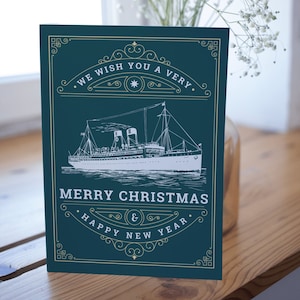 Nautische Weihnachtskarte, Ozeandampfer, Handelsmarine, Dampfer, Maritime Karte, Vintage Weihnachten, Seglergeschenk, Segelkarte, Bootskarte, A5
