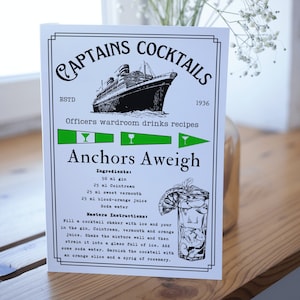 Biglietto di auguri cocktail marittimo, biglietto A5, (Anchors aweigh) Ricetta cocktail drink nautico, gagliardetto gin, carta vela, regalo yacht, mare oceano