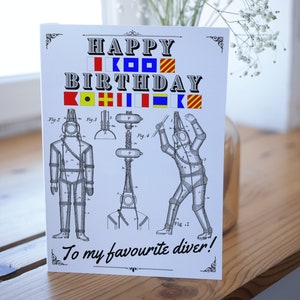Divers Birthday Card, Diving card, SCUBA diver, Nautical flag card, Deep Sea diver, Diving helmet, Vintage nautico, Under the sea, A5 card