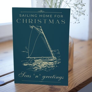 Biglietto di Natale nautico, yacht a vela, giallo e verde, biglietto barca, festivo, biglietto di Natale, marittimo, mare, oceano, regalo di vela, regalo yacht, A5