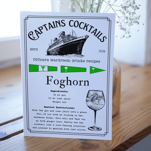 Biglietto di auguri cocktail marittimo, biglietto A5, ricetta cocktail (Foghorn) Gagliardetto gin, vela, regalo yacht, nave, mare, oceano, qualsiasi biglietto d'occasione,