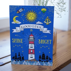 Nautische Good Luck Card, Vuurtorenkaart, Helder schijnen, Zeilkaart, Bootkaart, Kaart voor mannen, Kaart voor vrouwen, veel geluk, Vintage stijl