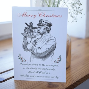Cartão de Natal náutico, oficial de convés olhando o mar ao meio-dia no dia de Natal com seu sextante. Vela, Marinha Mercante, Marinha Real