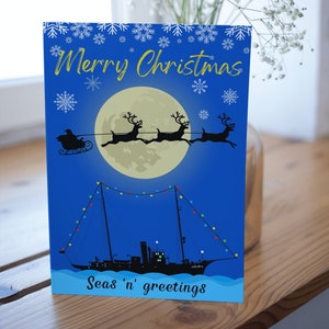 Nautische kerstkaart, klassiek jacht, Sata's slee, zeilcadeau, boot, zee, oceaan, kerstkaart, maritieme feestelijke kaart, jachtcadeau, A5-kaart