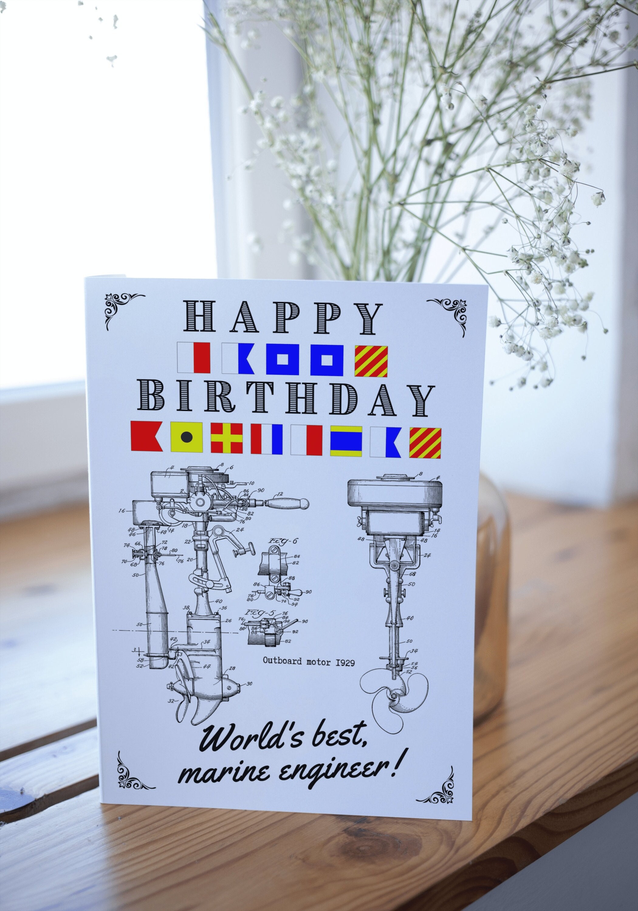 Marine engineer birthday card, nautical flags, outboard motor, maritime, chief engineer, ship, yacht, boat, vintage style, sea, engine 1920s