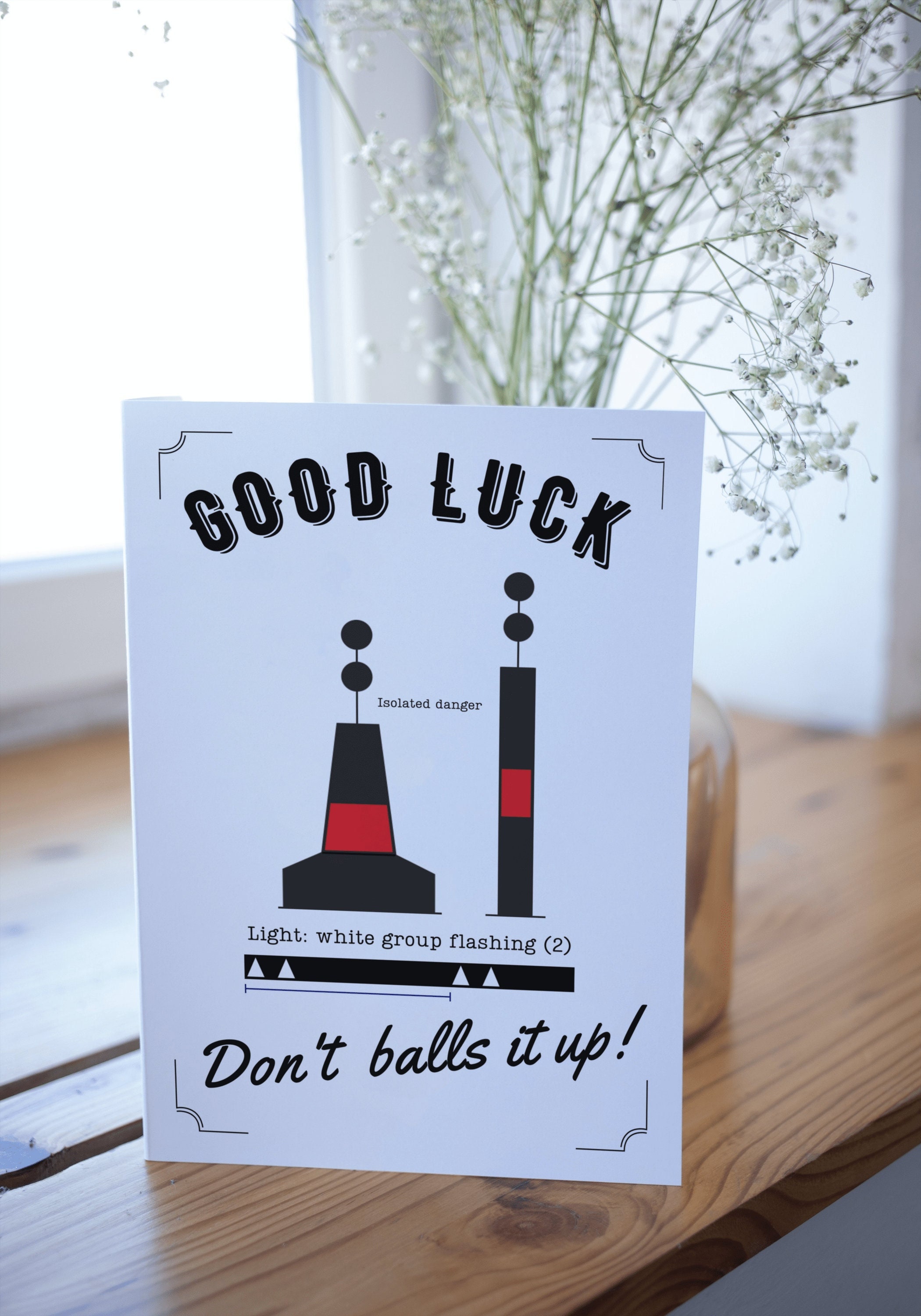 Nautical Good Luck Card, Isolated danger buoy, best of luck, sailing, yacht, boat, ship, buoy, sea, promotion, new job, exams,
