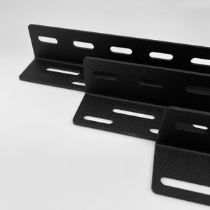 May include: Three black metal corner brackets with multiple holes for mounting. The brackets are stacked on top of each other.