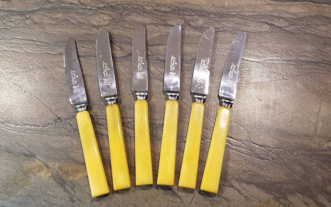 Vintage Sheffield Steak Knives Yellow Bakelite Handles Etsy