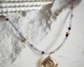 Rainbow Fluorite Faceted Beaded Necklace | Crystal Healing Jewelry | Intuition & Clarity Necklace | Spiritual Gemstone Jewelry | Evil Eye