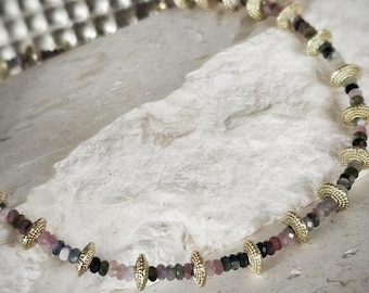 Handmade Mixed Tourmaline Necklace – Gold Spacer Beads, Raw Tourmaline Beaded Necklace, October Birthstone Jewellery, Boho Gemstone Choker