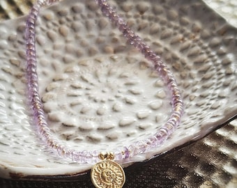 Pink Amethyst Heishi Beaded Choker Necklace, Layering Necklace, Sun Pendant Necklace, Boho Necklace, Crystal Gemstone Necklace