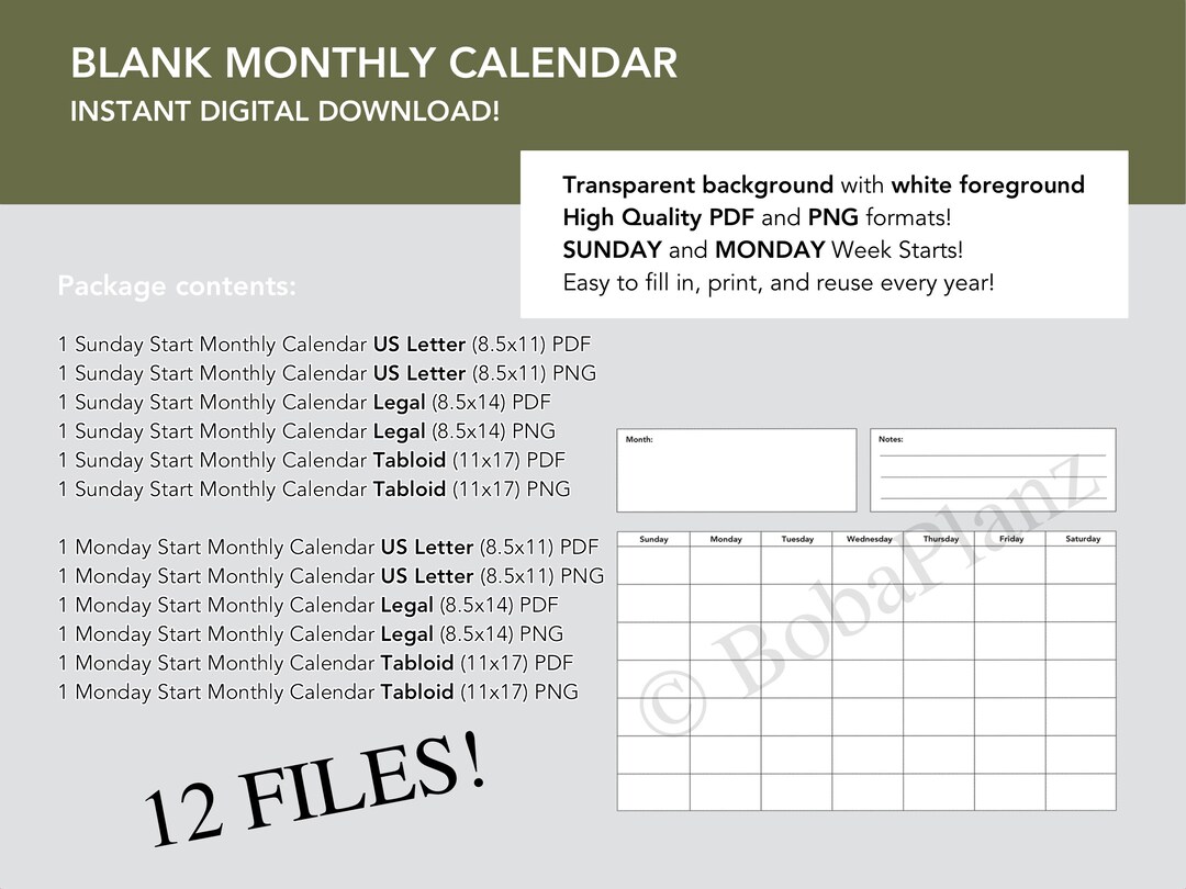 Blank Calendar | Printable | Digital Download | Template, 8.5x11 ...