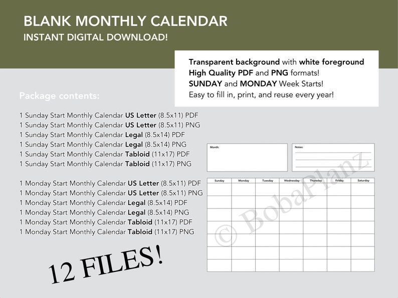 Blank Calendar | Printable | Digital Download | Template, 8.5x11 ...