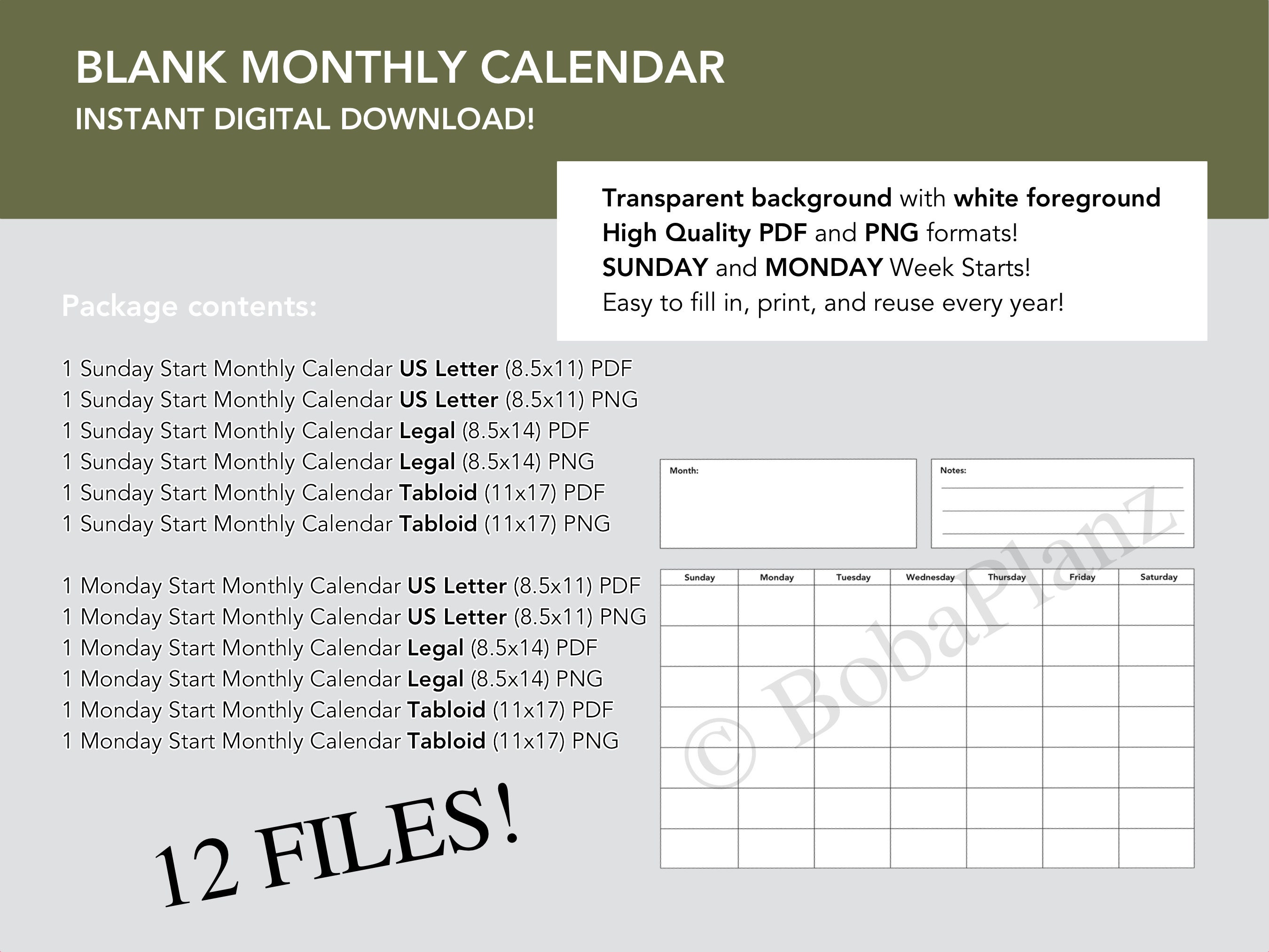 Blank Calendar | Printable | Digital Download | Template, 8.5x11 ...