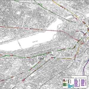 May include: A map of the Boston, Massachusetts area showing the MBTA subway lines and commuter rail lines. The map is color-coded by line and includes the legend "Massachusetts Bay Transportation Authority".