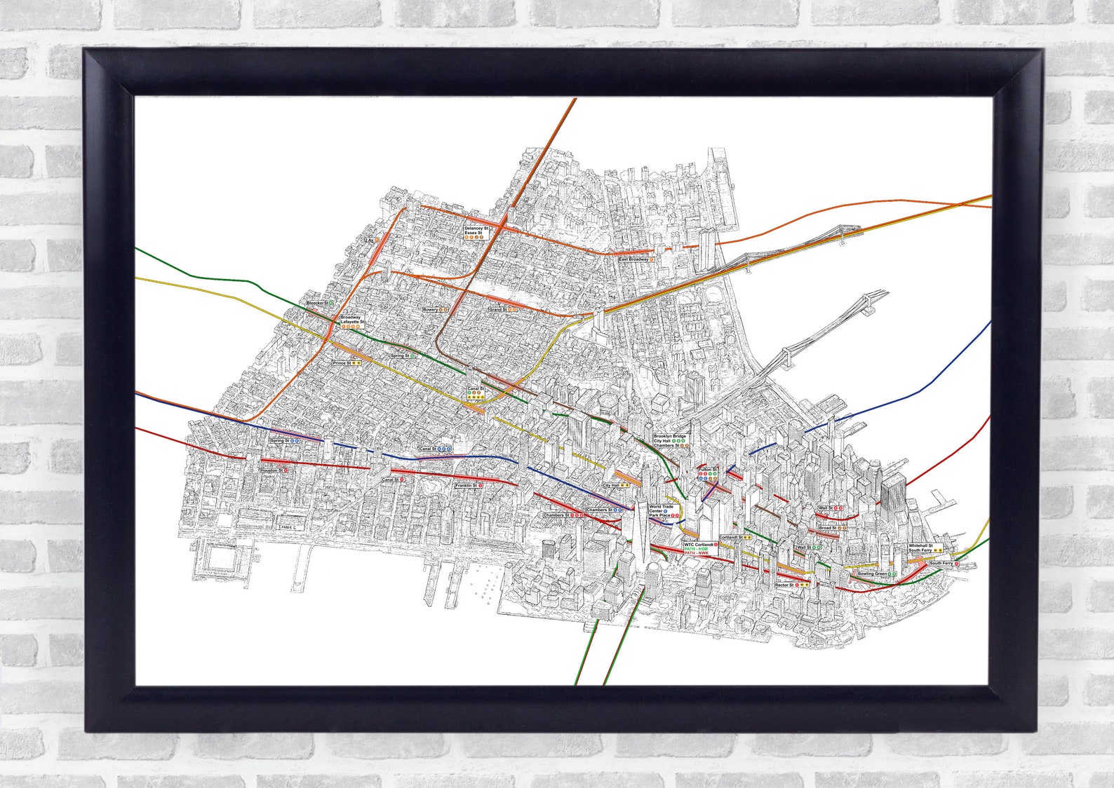 Map of Lower Manhattan With Subways and 3D Buildings - Print 35" X 23 ...